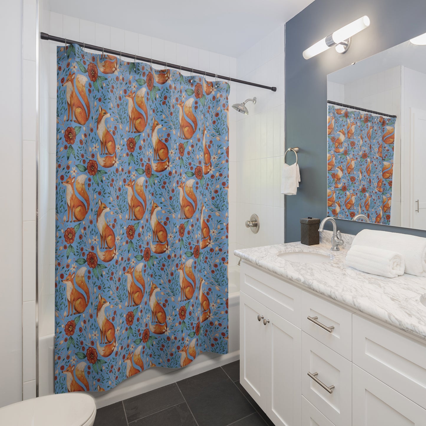 Whimsical Fox Shower Curtain - Nature-Inspired Bathroom Decor - Blue