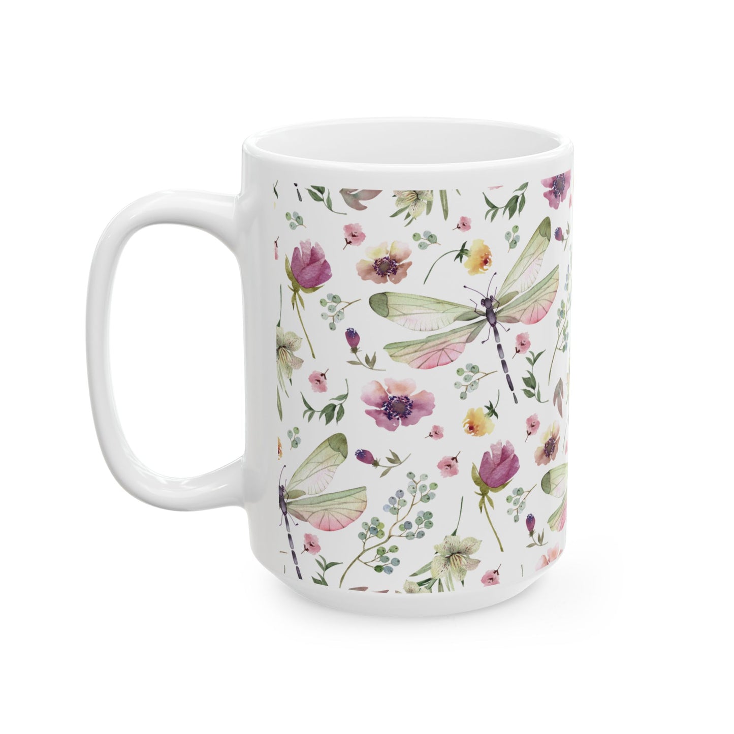 Whimsy in Bloom – Dragonflies & Floral Elegance ,Mug, Ceramic