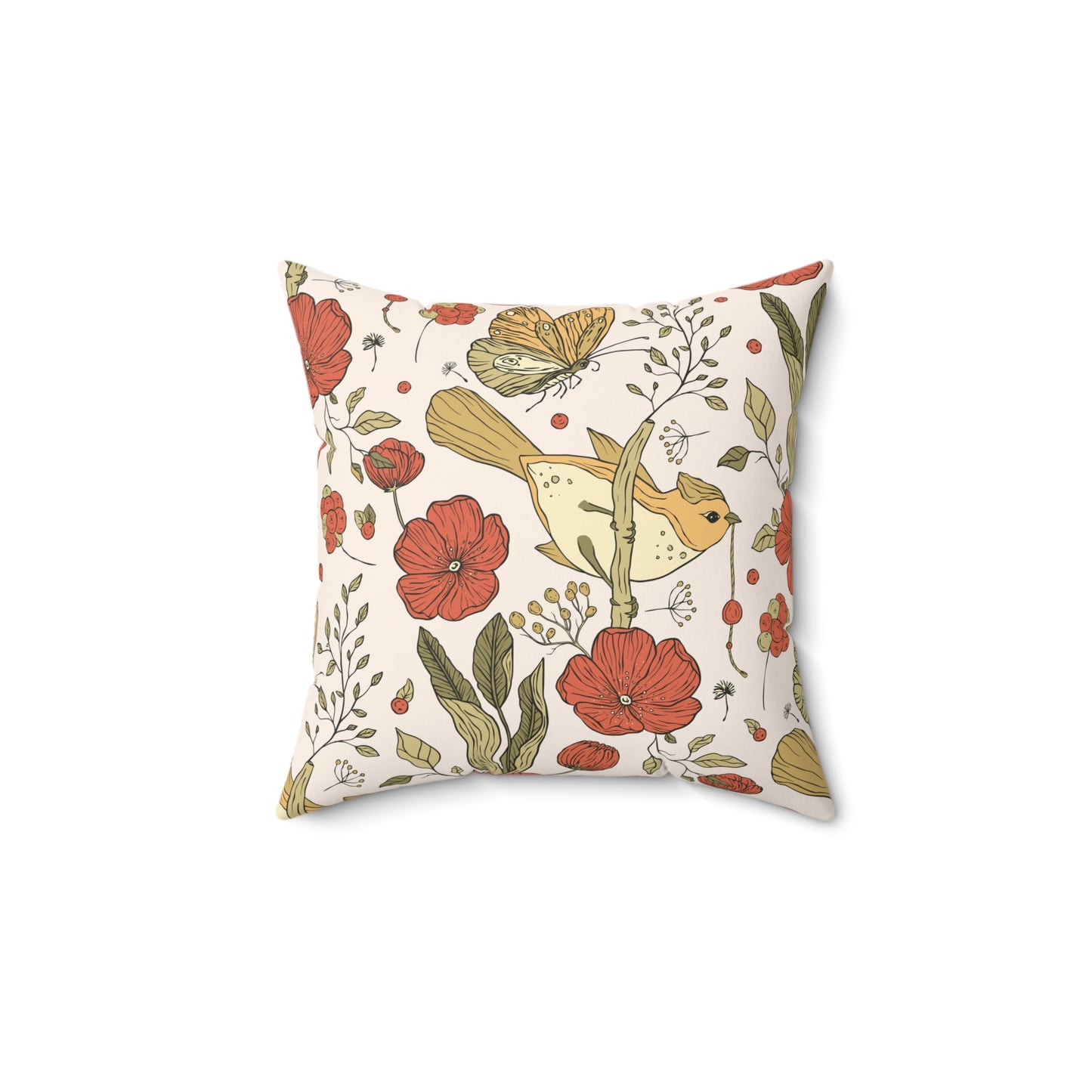 Throw Pillow Songbird with Berry Gift and Floral Design matching Pattern on the back