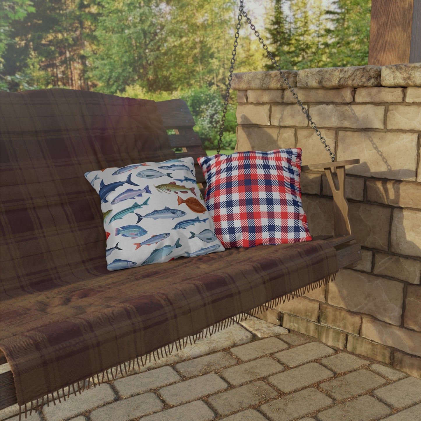 Outdoor Pillows - Nautical Fish & Patriotic Red White and Blue Plaid Cushions for Patio & Garden