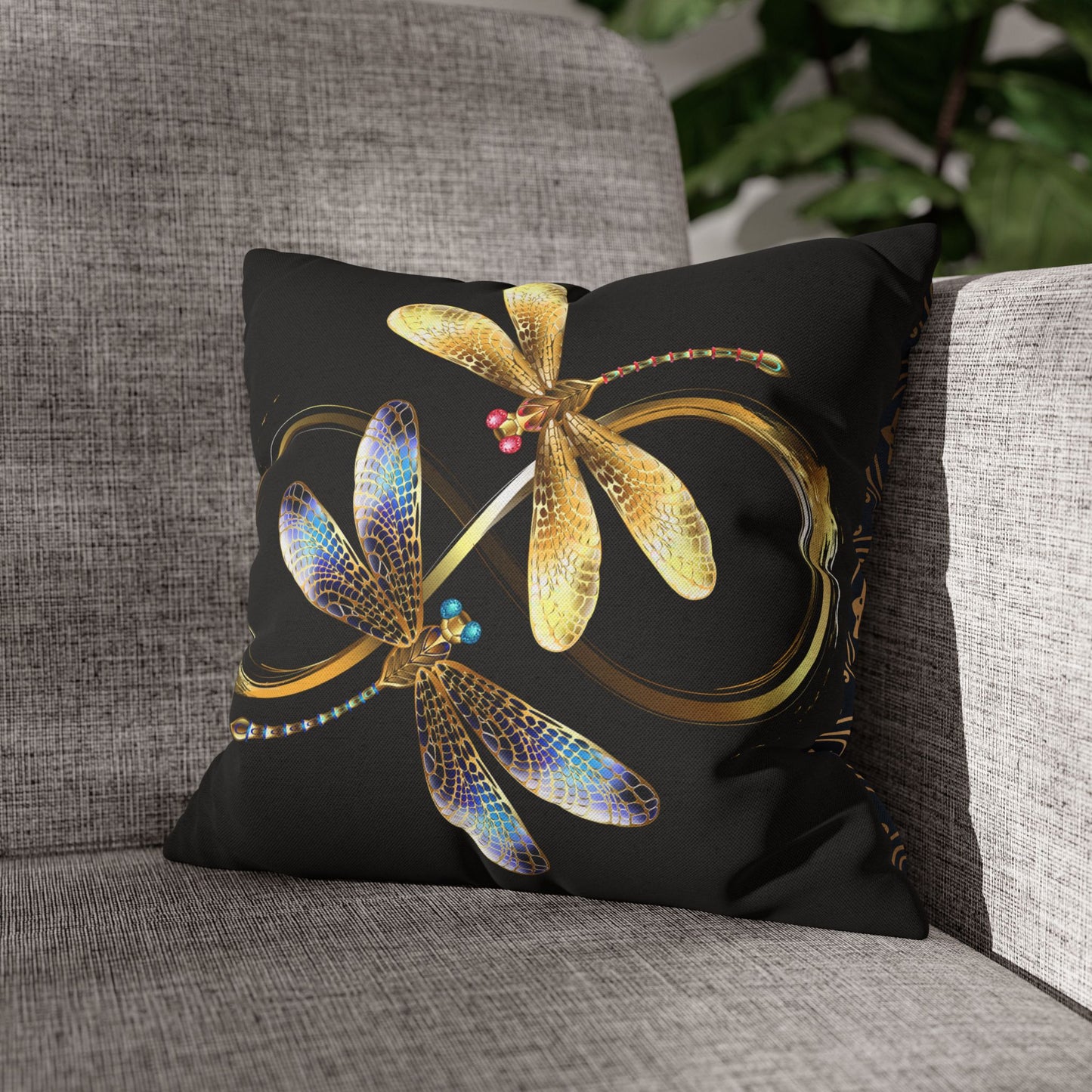 Elegant Black and Gold Blue Touched Dragonfly Pillowcase, Home Decor, Gift for Nature Lovers, Decorative Cushion Cover, Insect Art for Bedrooms