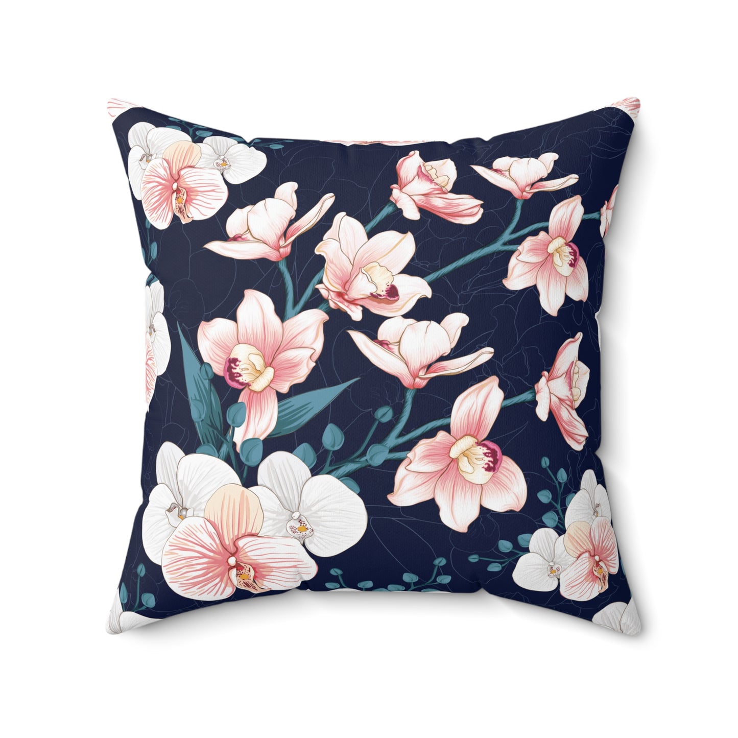 Square Accent Throw Pillow - Peachy White and Pink Orchid Blossoms on Indigo Background