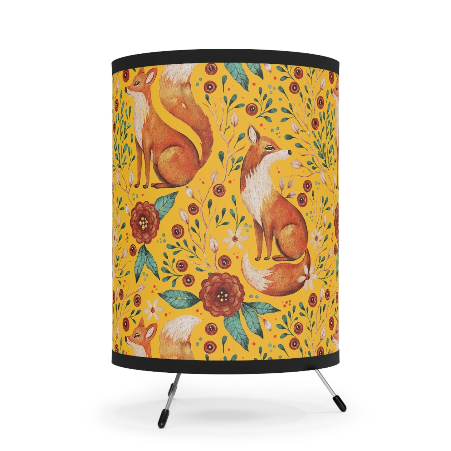 Whimsical Fox Tripod Lamp - High-Res Printed Shade for Cozy Decor - Yellow
