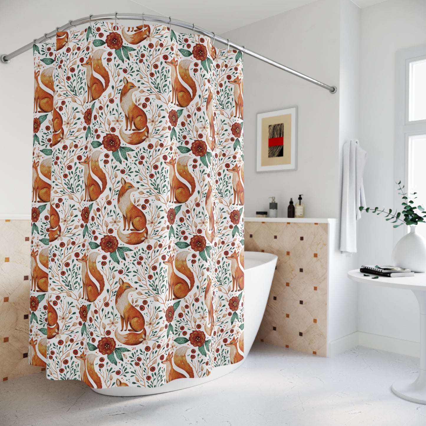 Whimsical Fox Shower Curtain - Nature-Inspired Bathroom Decor - White