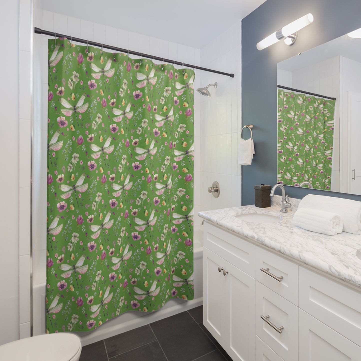 Floral Dragonfly Shower Curtain - Nature-Inspired Bathroom Decor - Thyme Green