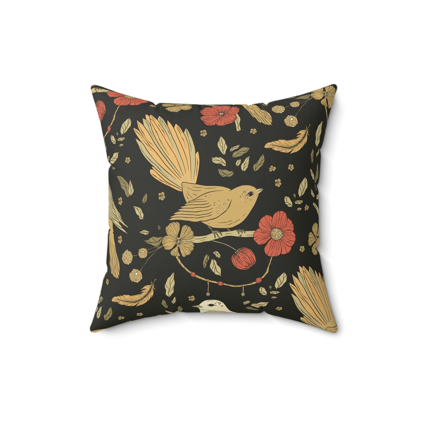 Throw Pillow Songbird and Floral Boho Floral & Geometric Spun Polyester Pillow | Cozy Home Decor, Unique Gift, Decorative Cushion, Modern Accent, Bird Print