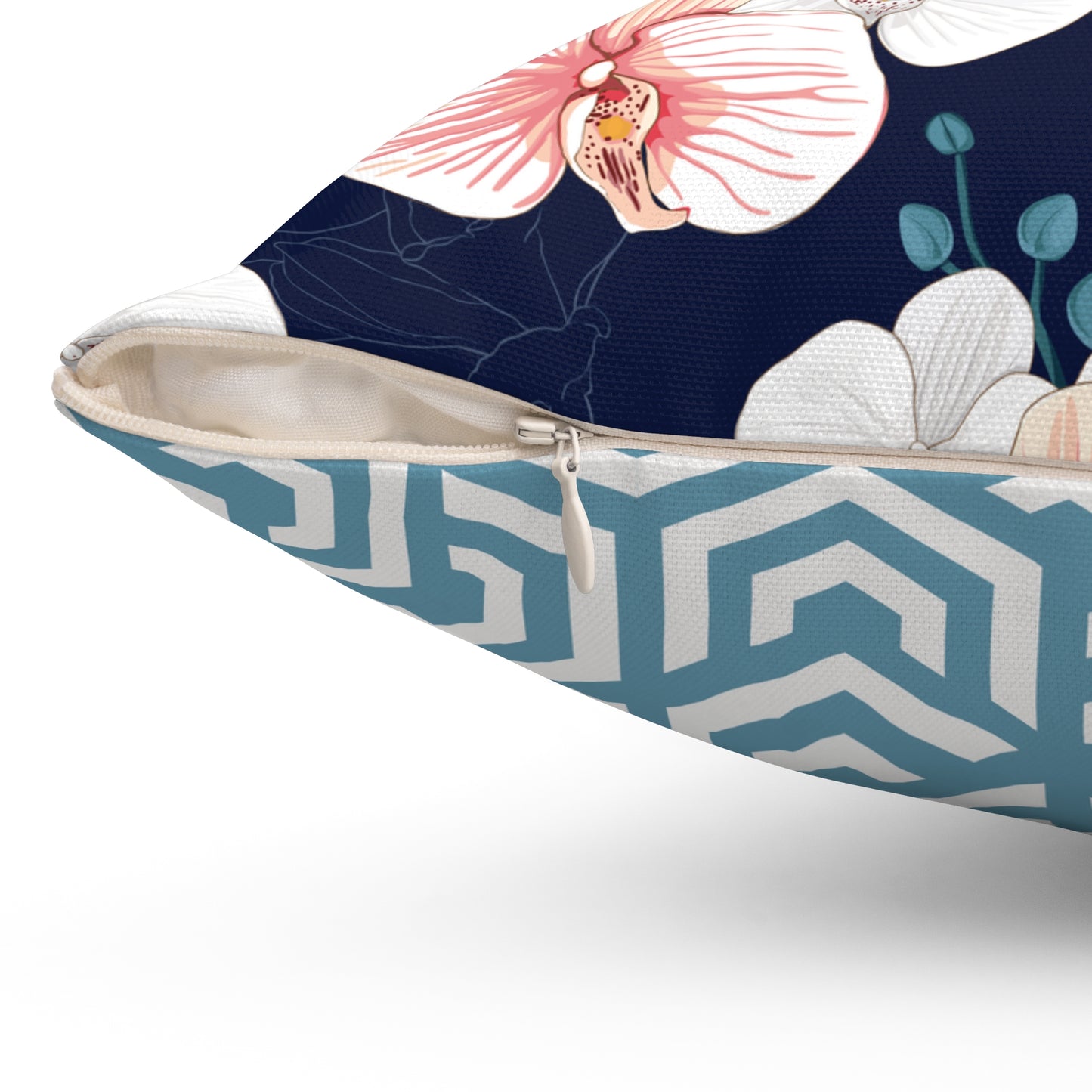 Square Accent Throw Pillow - Peachy White and Pink Orchid Blossoms on Indigo Background
