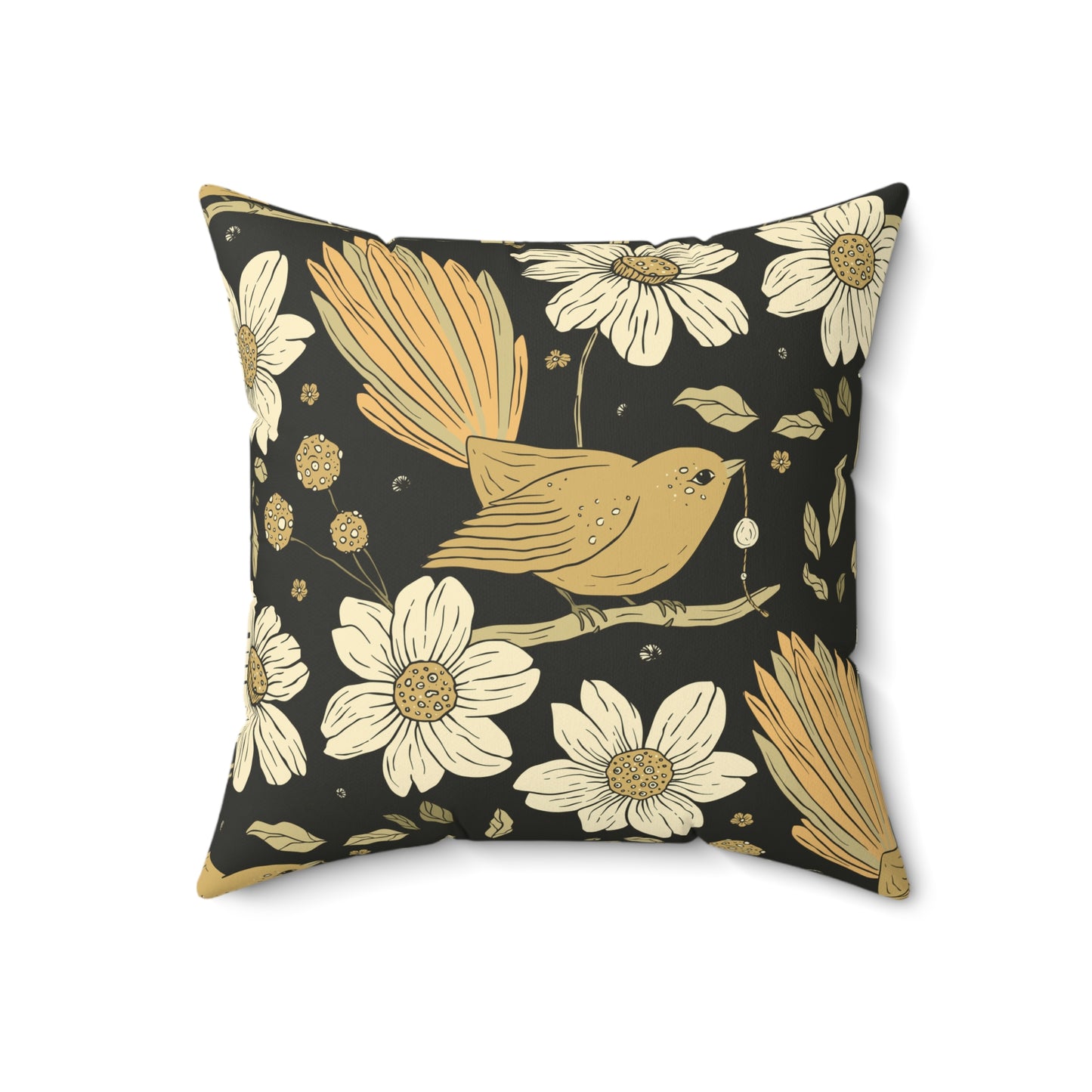 Throw Pillow Sparrow Eating and Daisies Chic Floral Square Pillow, Earthy Home Decor, Stylish Couch Cushion, Handcrafted Accent Pillow, Birthday Gift, Cozy Living Room Decor