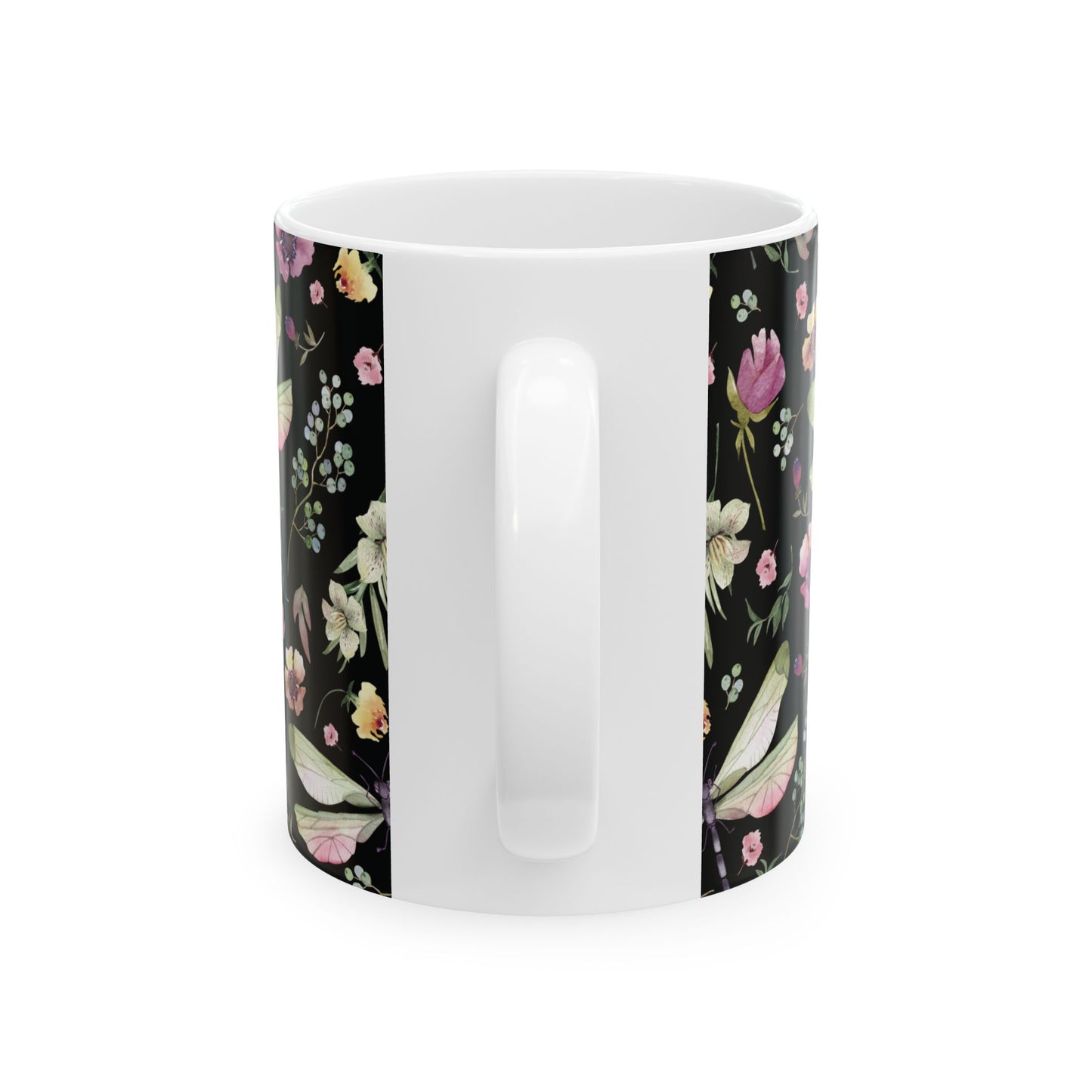 Whimsy in Bloom – Dragonflies & Floral Elegance ,Mug, Ceramic - Black