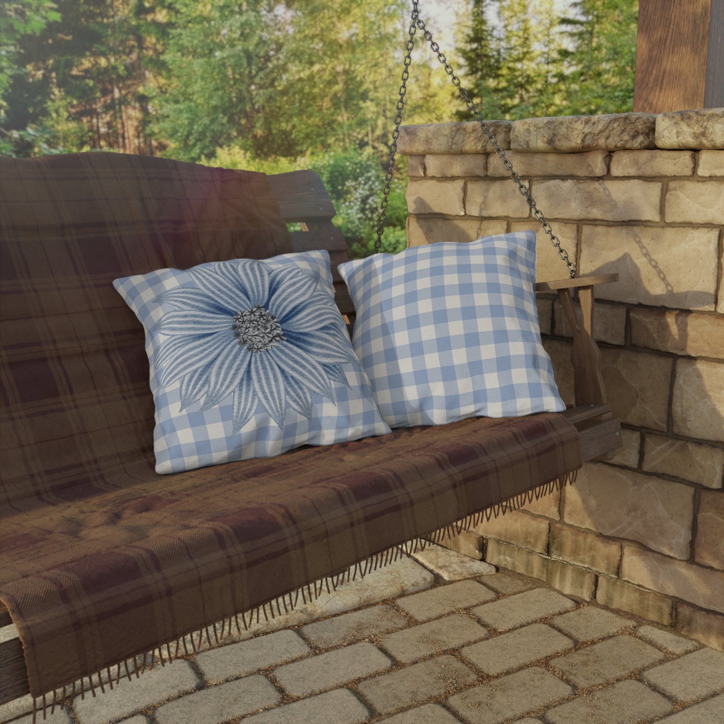 Blue Flower Checkered Outdoor Pillows - Bright & Cheerful Home Decor