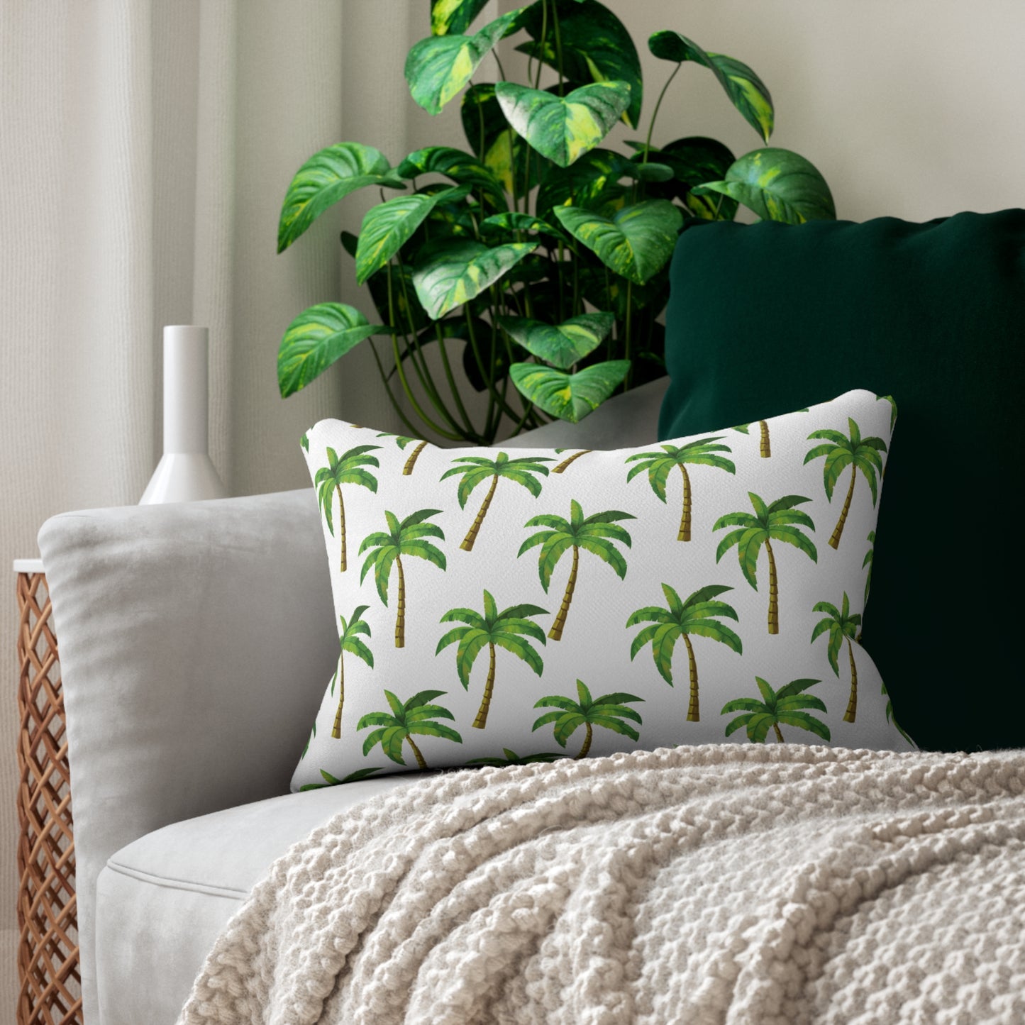 Tropical Palm Tree Lumbar Pillow, Decorative Accent Pillow, Palm Leaf Decor, Summer Home Styling, Gift for Plant Lovers