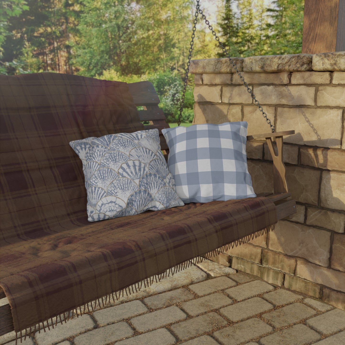 Coastal Blue Outdoor Pillows - Beachy Shell & Checkered Design for Patio Decor