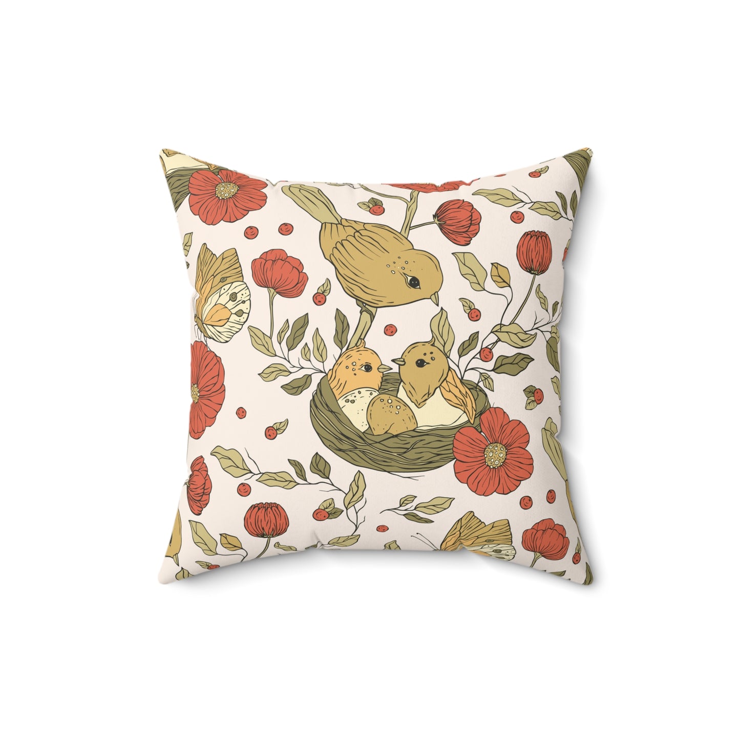 Throw Pillow Mother Sparrow and Nesting Twins Chic Decorative Pillow, Cozy Home Decor, Bird and Floral Cushion, Nature-Inspired Accent, Perfect Gift for Any Occasion