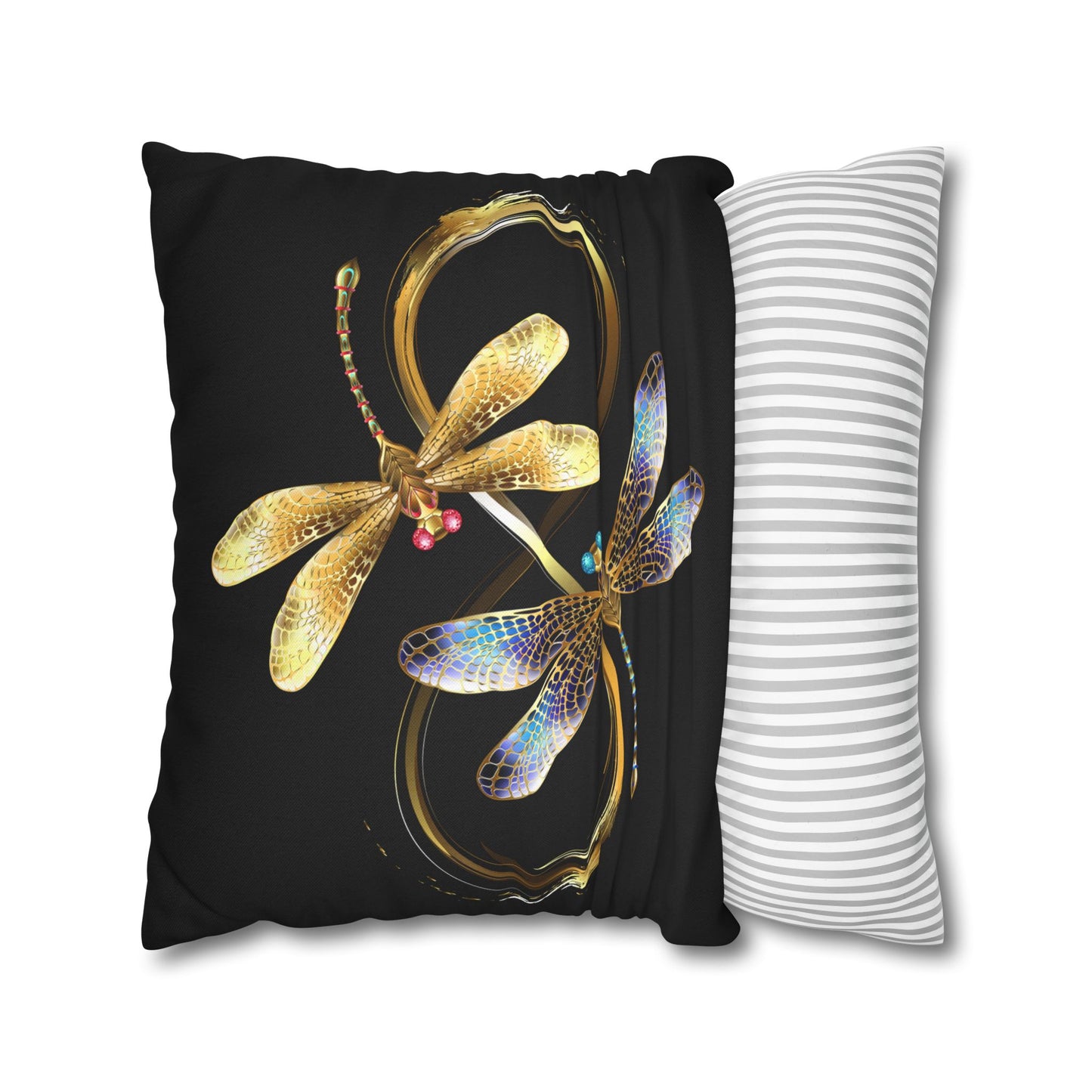 Elegant Black and Gold Blue Touched Dragonfly Pillowcase, Home Decor, Gift for Nature Lovers, Decorative Cushion Cover, Insect Art for Bedrooms