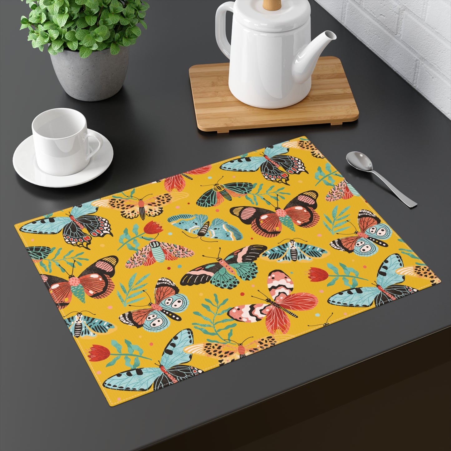 Butterfly Breeze Placemat - Turquoise and Earthy Red Butterfly Design - Yellow