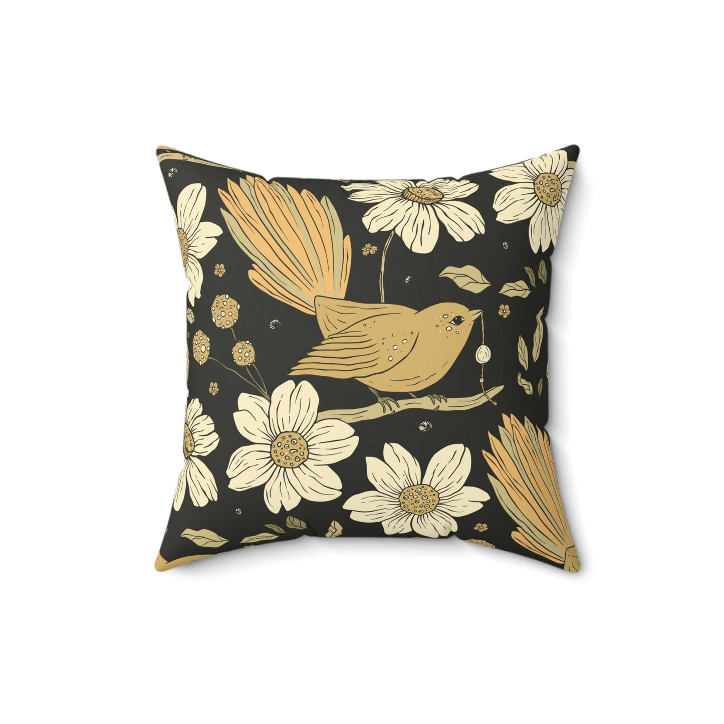 Throw Pillow Sparrow Eating and Daisies Chic Floral Square Pillow, Earthy Home Decor, Stylish Couch Cushion, Handcrafted Accent Pillow, Birthday Gift, Cozy Living Room Decor