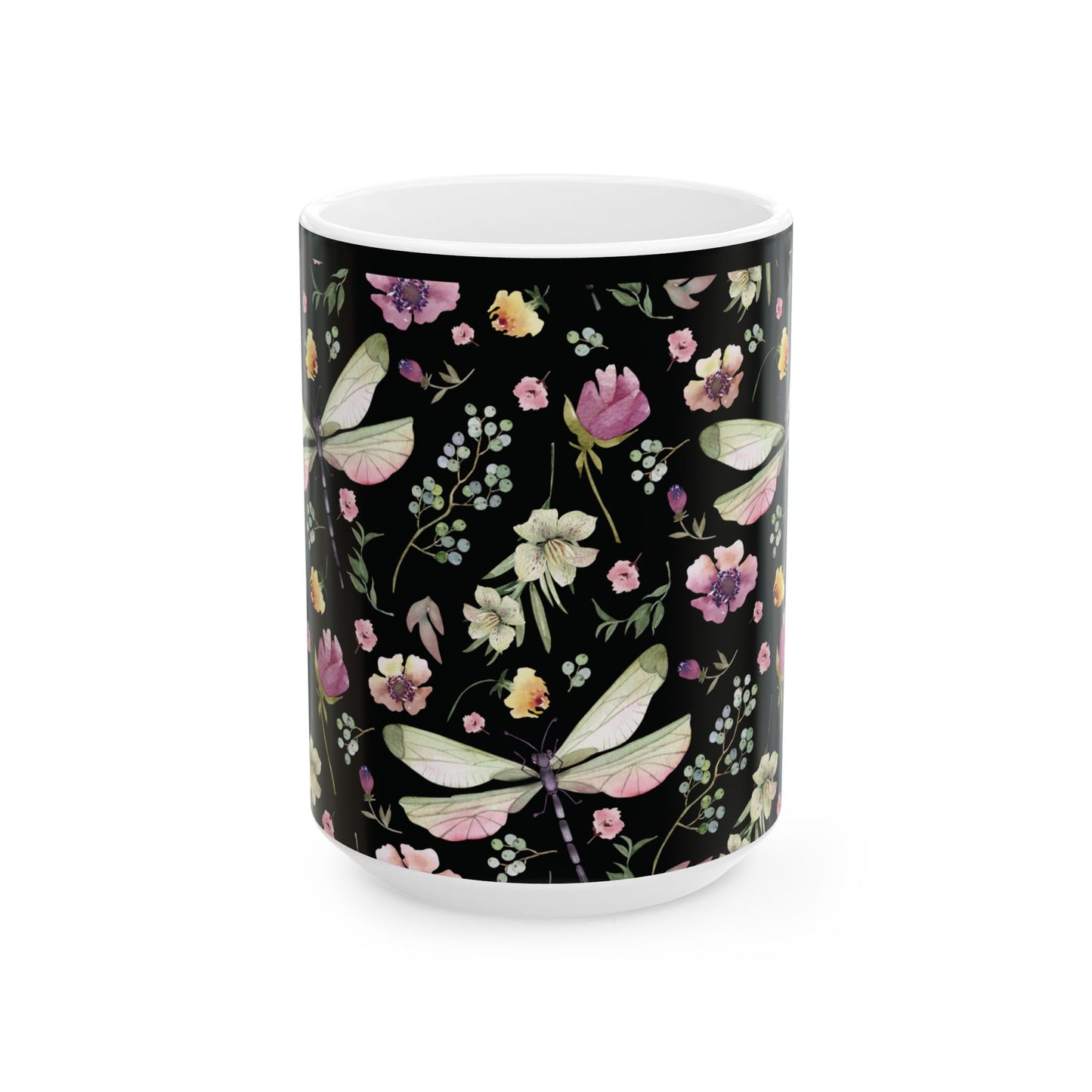 Whimsy in Bloom – Dragonflies & Floral Elegance ,Mug, Ceramic
