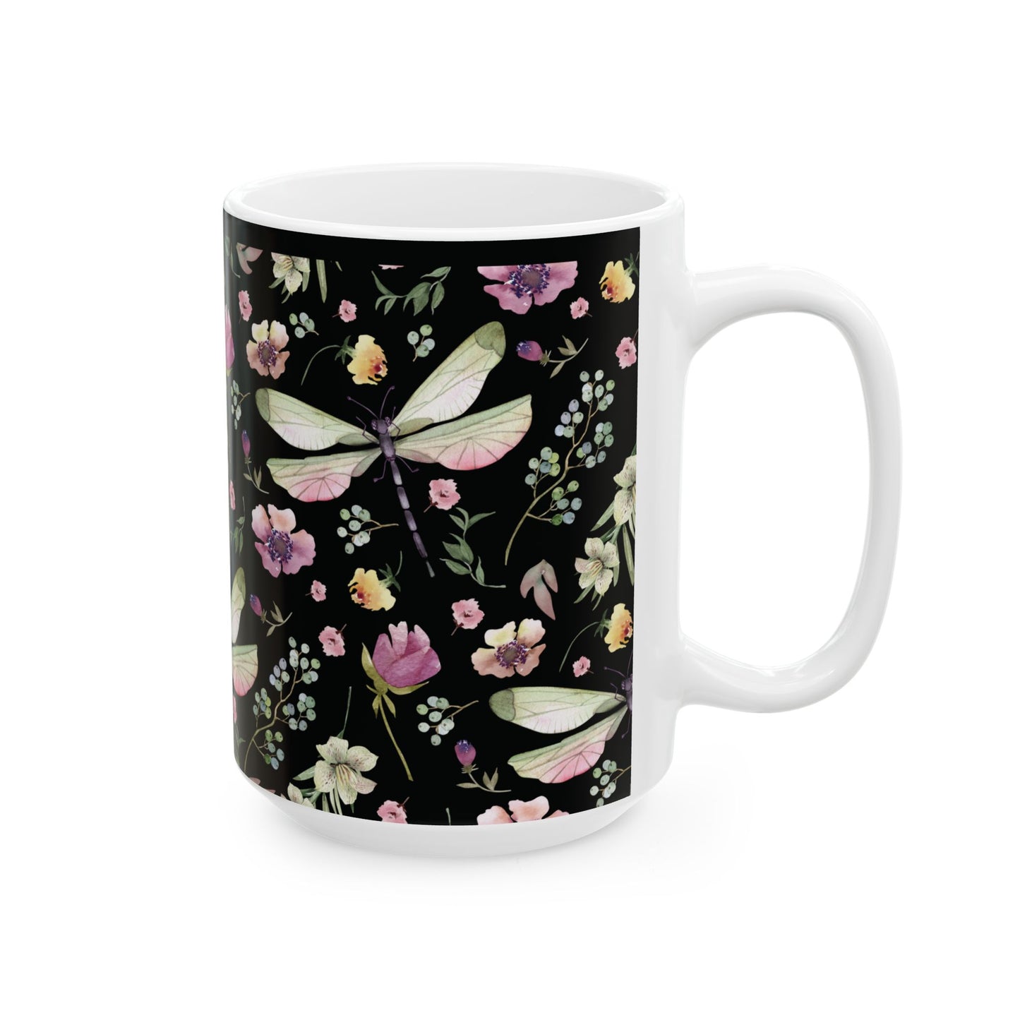 Whimsy in Bloom – Dragonflies & Floral Elegance ,Mug, Ceramic