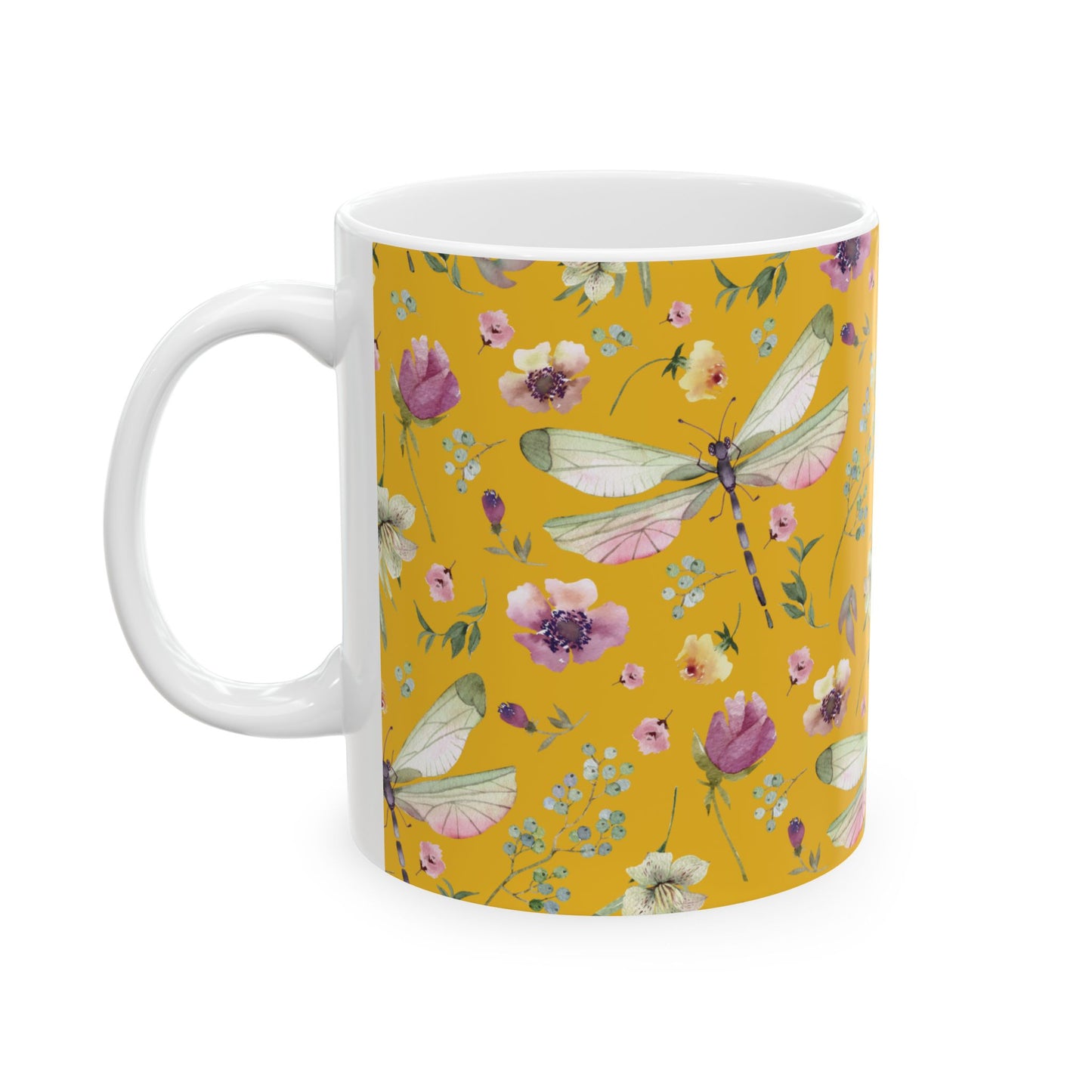 Whimsy in Bloom – Dragonflies & Floral Elegance ,Mug, Ceramic