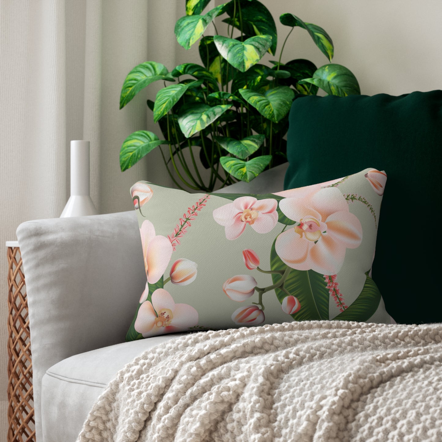 Floral Blushing Orchid Lumbar Pillow | Elegant Home Decor, Couch Cushion, Botanical Accent, Gift for Her, Spring Home Styling