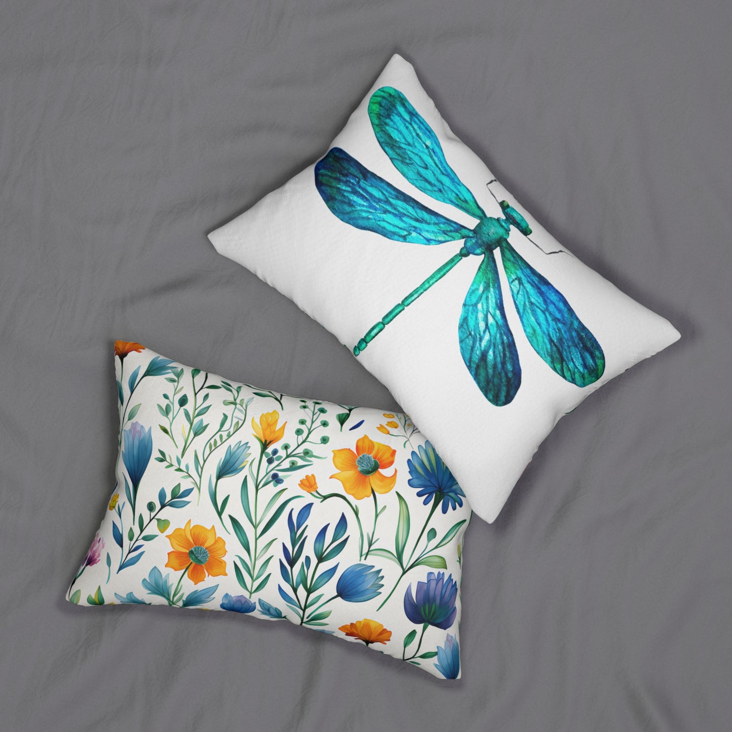 Bohemian Floral and Blue Turquoise Dragonfly Lumbar Pillow // Cozy Home Decor, Throw Cushion, Gift for Nature Lovers, Living Room Accent, Unique Housewarming Gift
