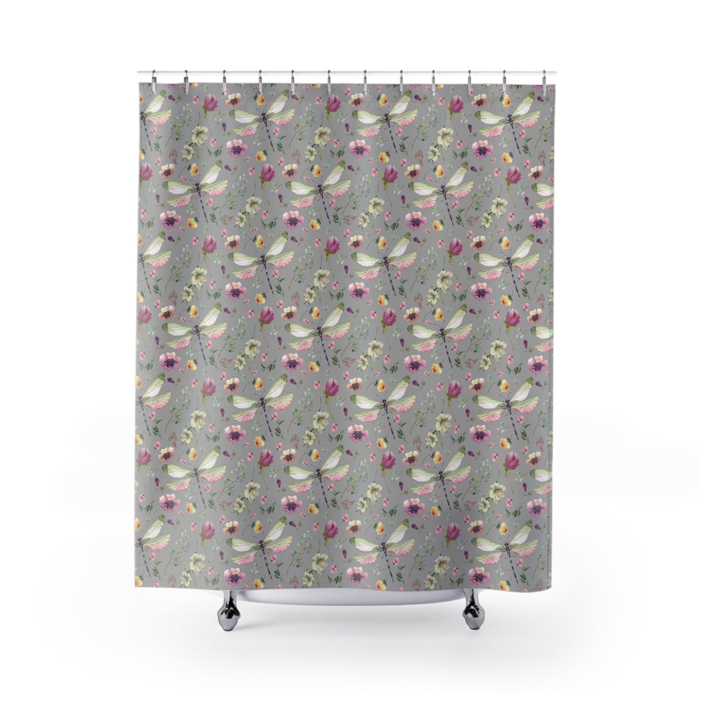 Floral Dragonfly Shower Curtain - Nature-Inspired Bathroom Decor - Light Grey