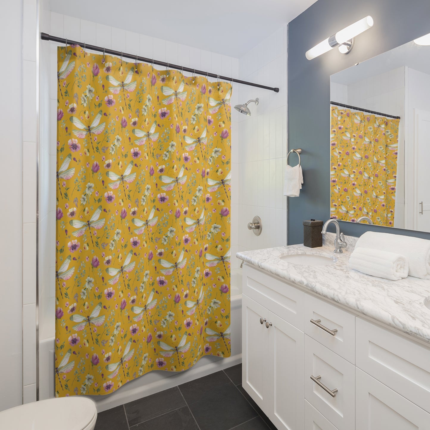 Floral Dragonfly Shower Curtain - Nature-Inspired Bathroom Decor - Yellow