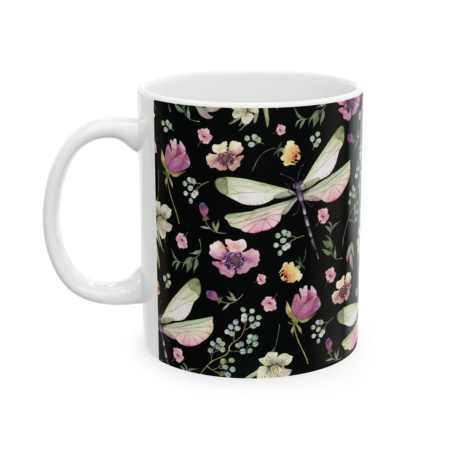 Whimsy in Bloom – Dragonflies & Floral Elegance ,Mug, Ceramic - Black