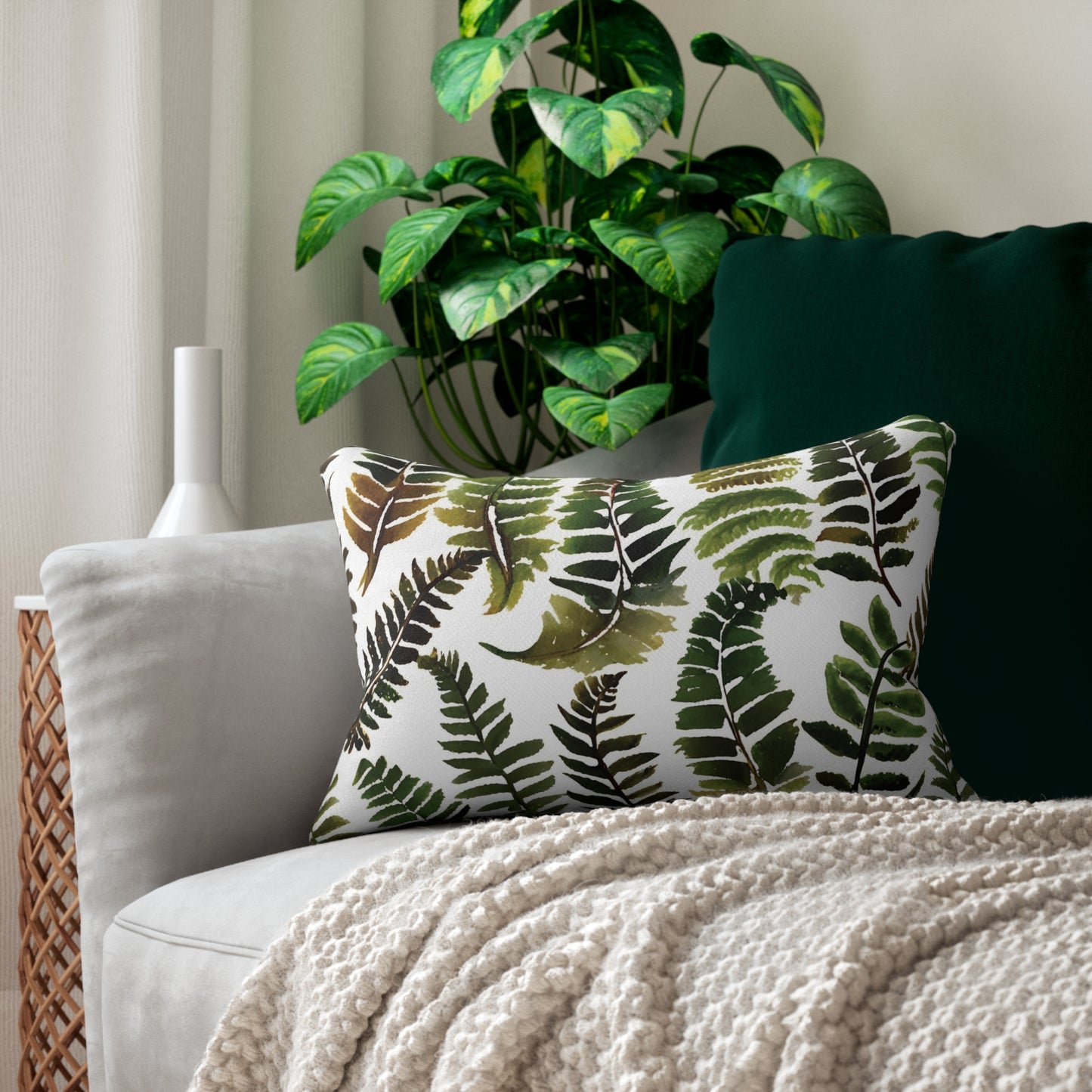 Botanical Fern Lumbar Pillow with Ornate Back Design, Cozy Home Décor, Nature-Inspired Cushion, Stylish Sofa Accent, Perfect Gift for Plant Lovers