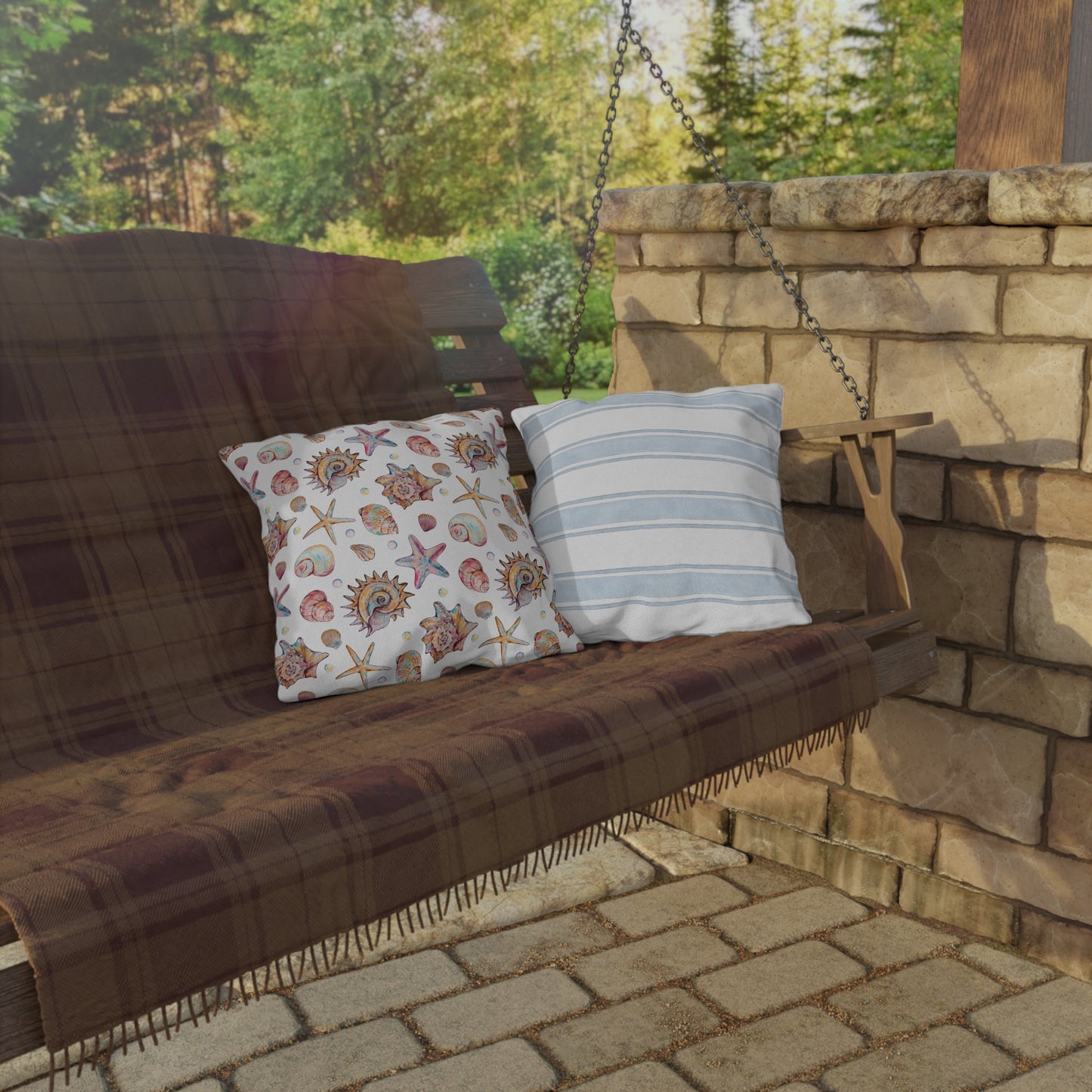 Coastal-Themed Outdoor Pillows - Nautical Shell & Blue Stripe Designs