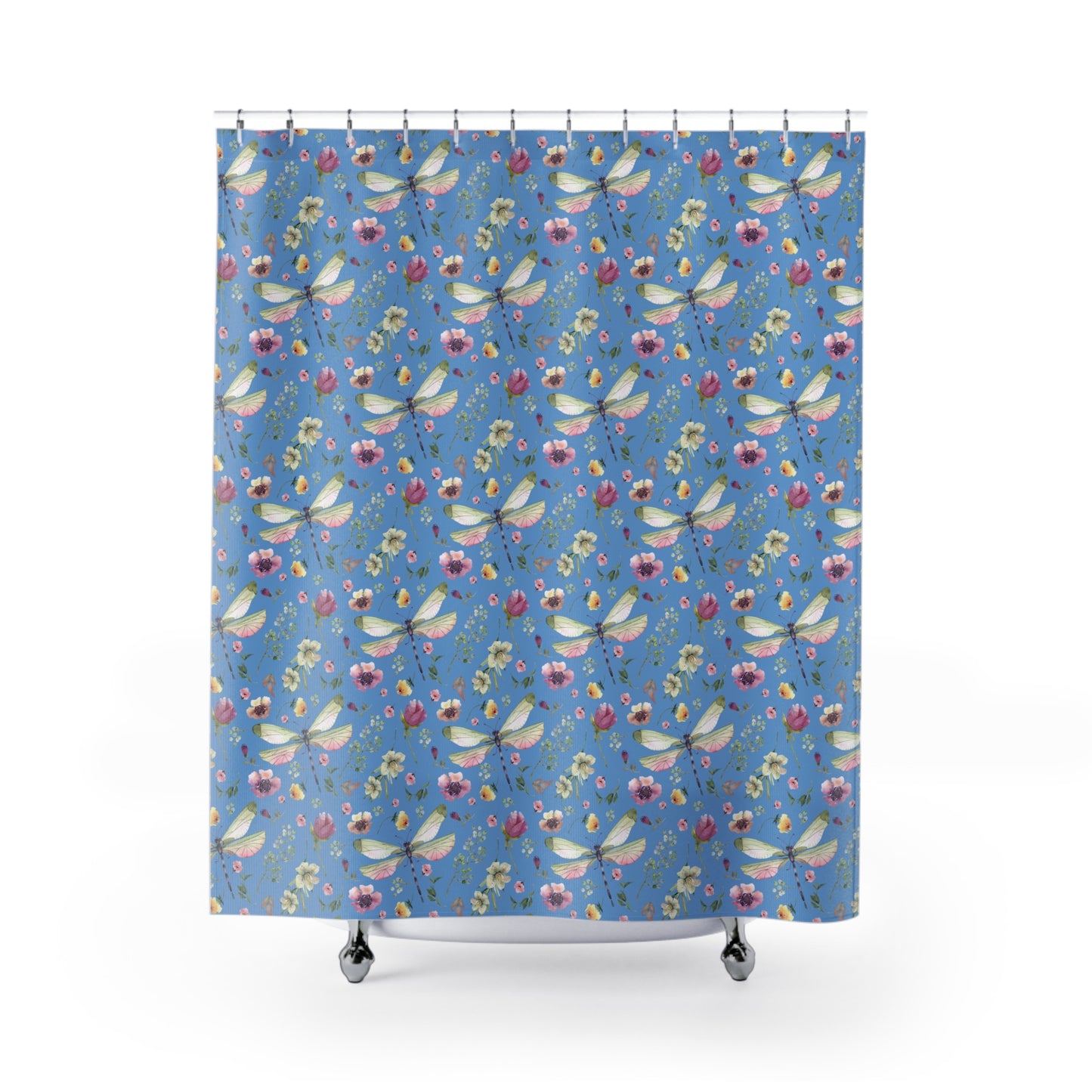 Floral Dragonfly Shower Curtain - Nature-Inspired Bathroom Decor - Blue