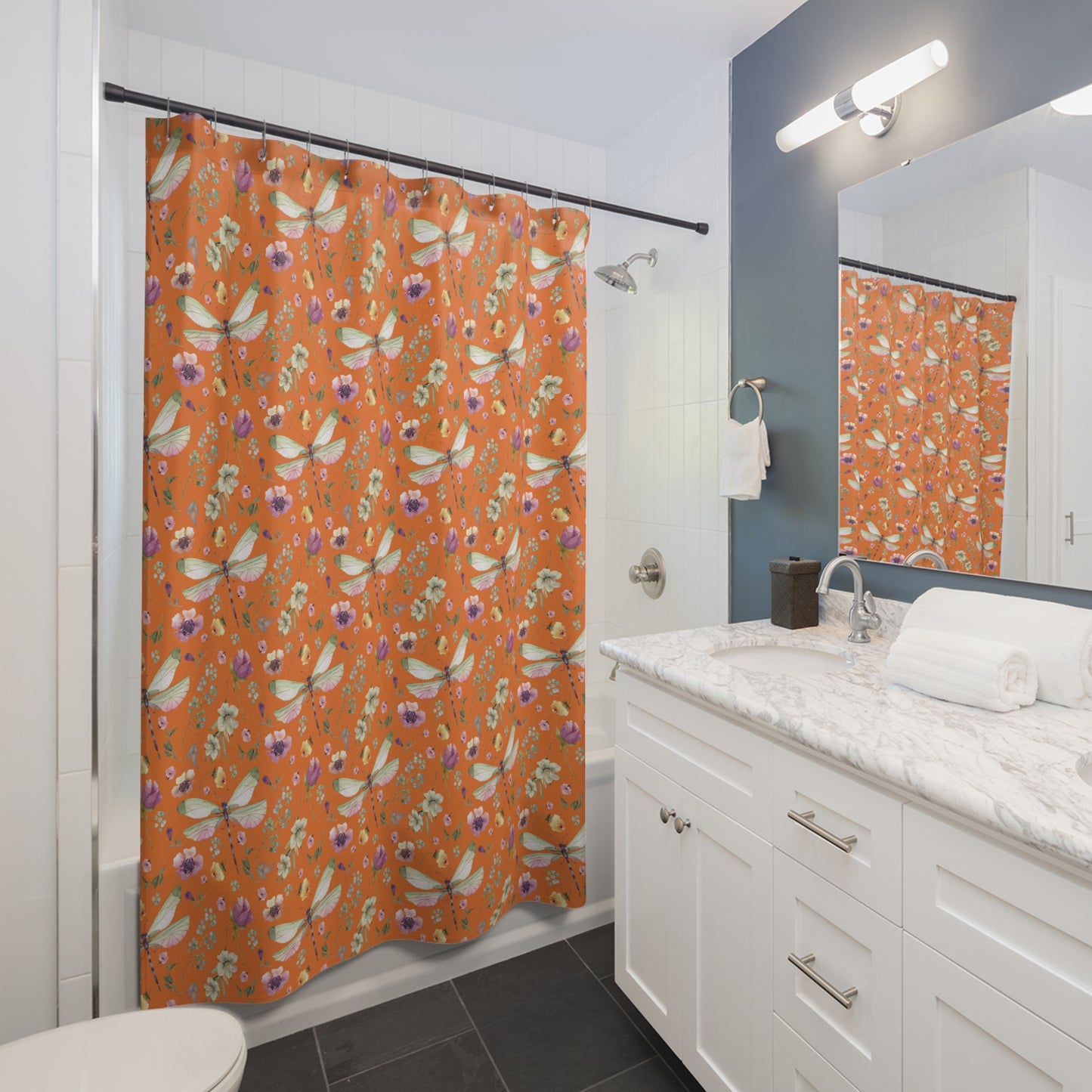 Floral Dragonfly Shower Curtain - Nature-Inspired Bathroom Decor - Sunset Orange