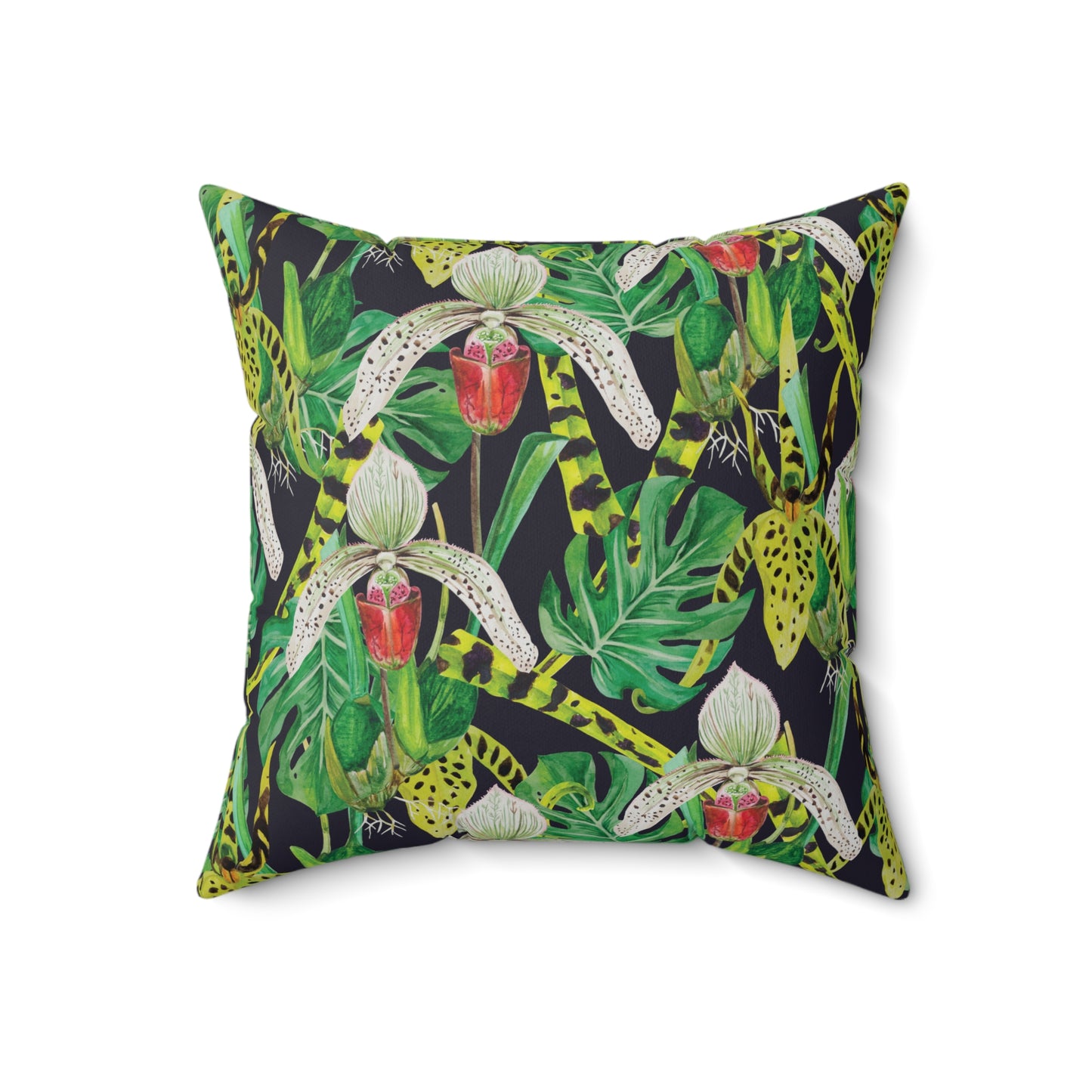 Tropical Noire Throw Pillow – Exotic Orchids & Classic Damask Reversible Design Square Pillow, Botanical Decor, Cozy Home Accessories, Gift for Plant Lovers, Modern Throw Pillows