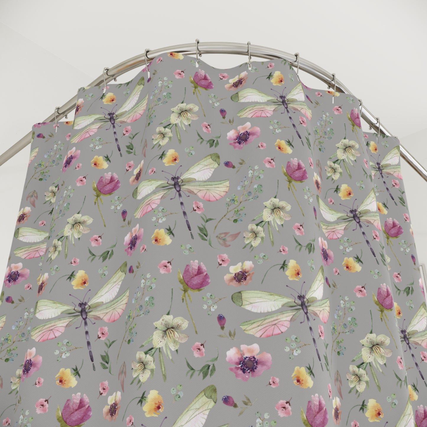 Floral Dragonfly Shower Curtain - Nature-Inspired Bathroom Decor - Light Grey