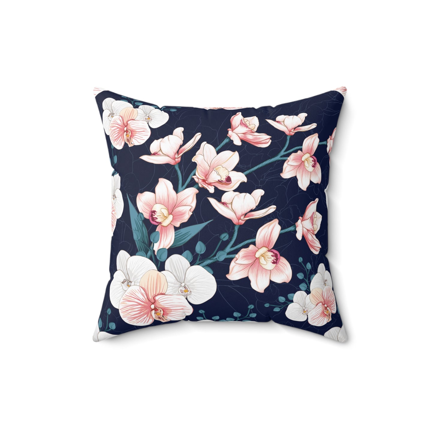 Square Accent Throw Pillow - Peachy White and Pink Orchid Blossoms on Indigo Background