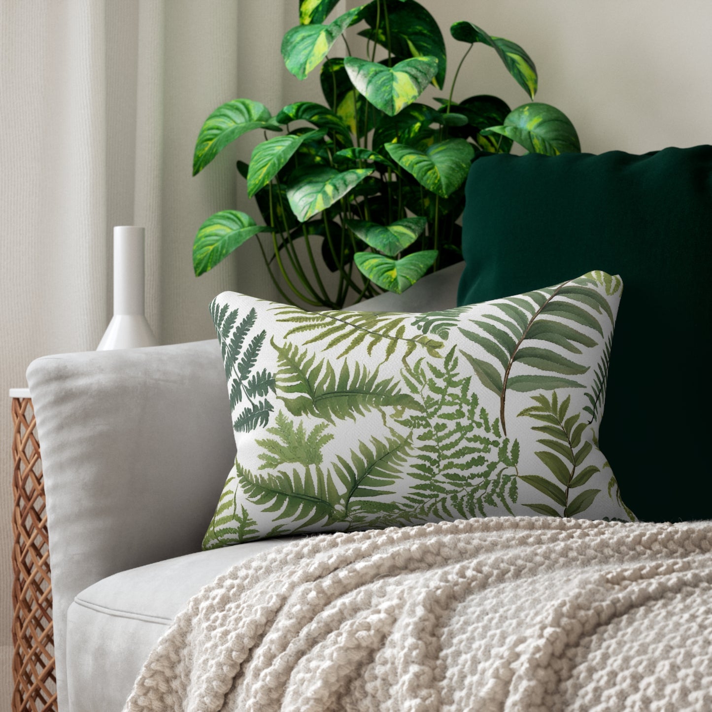 Botanical Fern White Background Lumbar Pillow - Nature-Inspired Home Decor, Cozy Throw Pillow, Leaf Print Cushion, Perfect Gift, Indoor Accent
