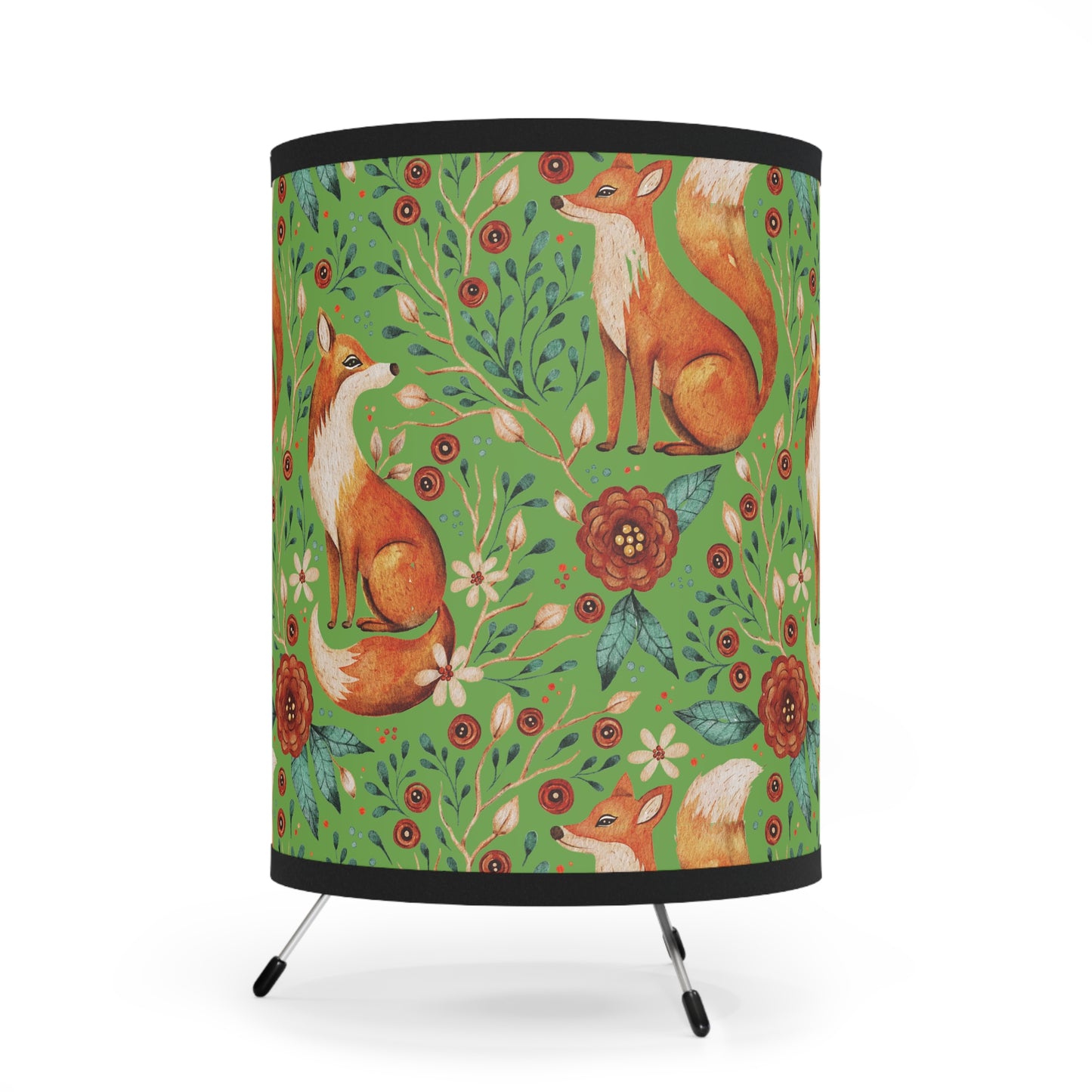 Whimsical Fox Tripod Lamp - High-Res Printed Shade for Cozy Decor - Thyme Green