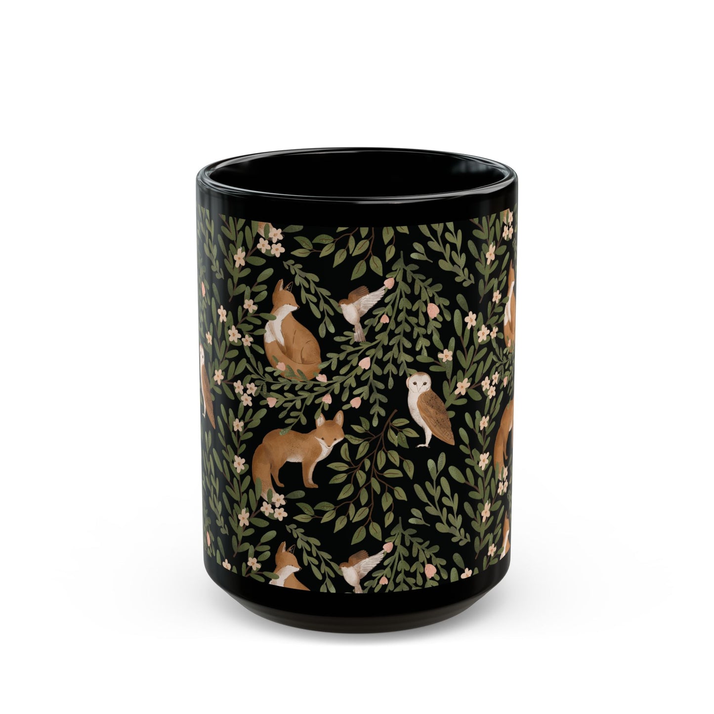 Little Fox and Owl Woodland Themed Black Mug - Perfect for Nature Lovers