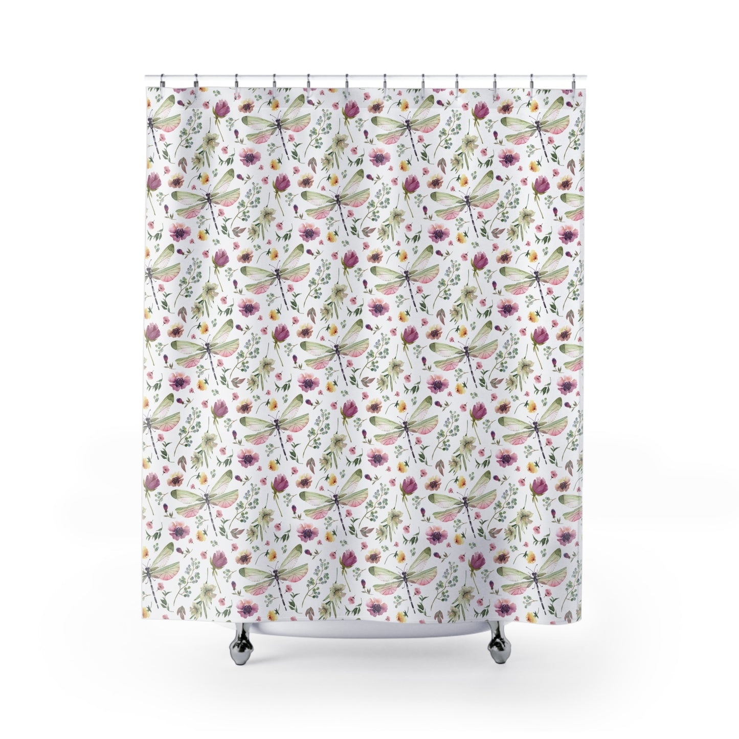 Floral Dragonfly Shower Curtain - Nature-Inspired Bathroom Decor