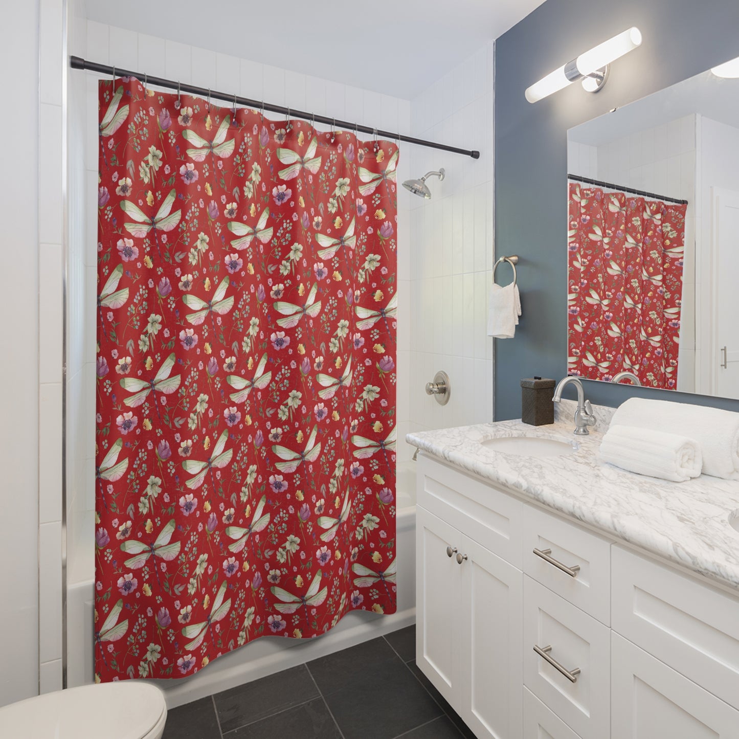 Floral Dragonfly Shower Curtain - Nature-Inspired Bathroom Decor - Deep Red