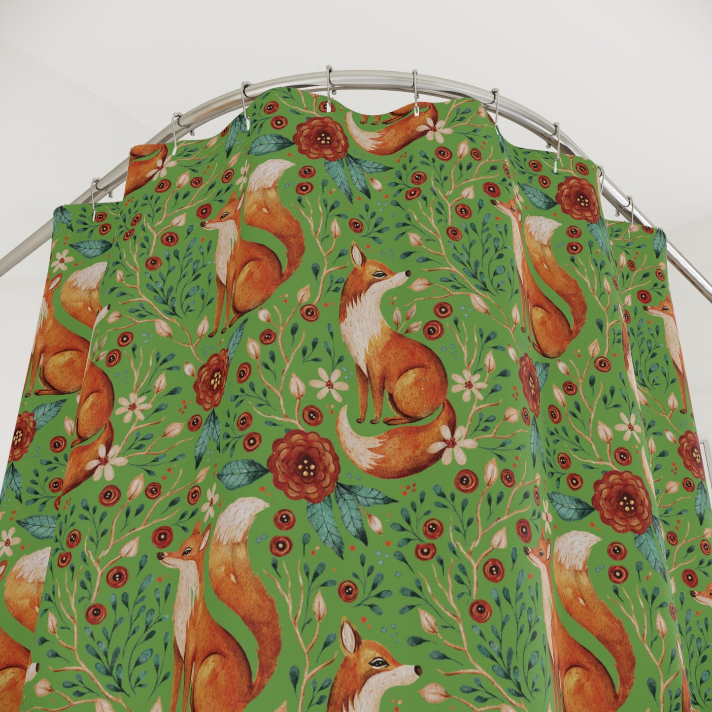Whimsical Fox Shower Curtain - Nature-Inspired Bathroom Decor - Thyme Green