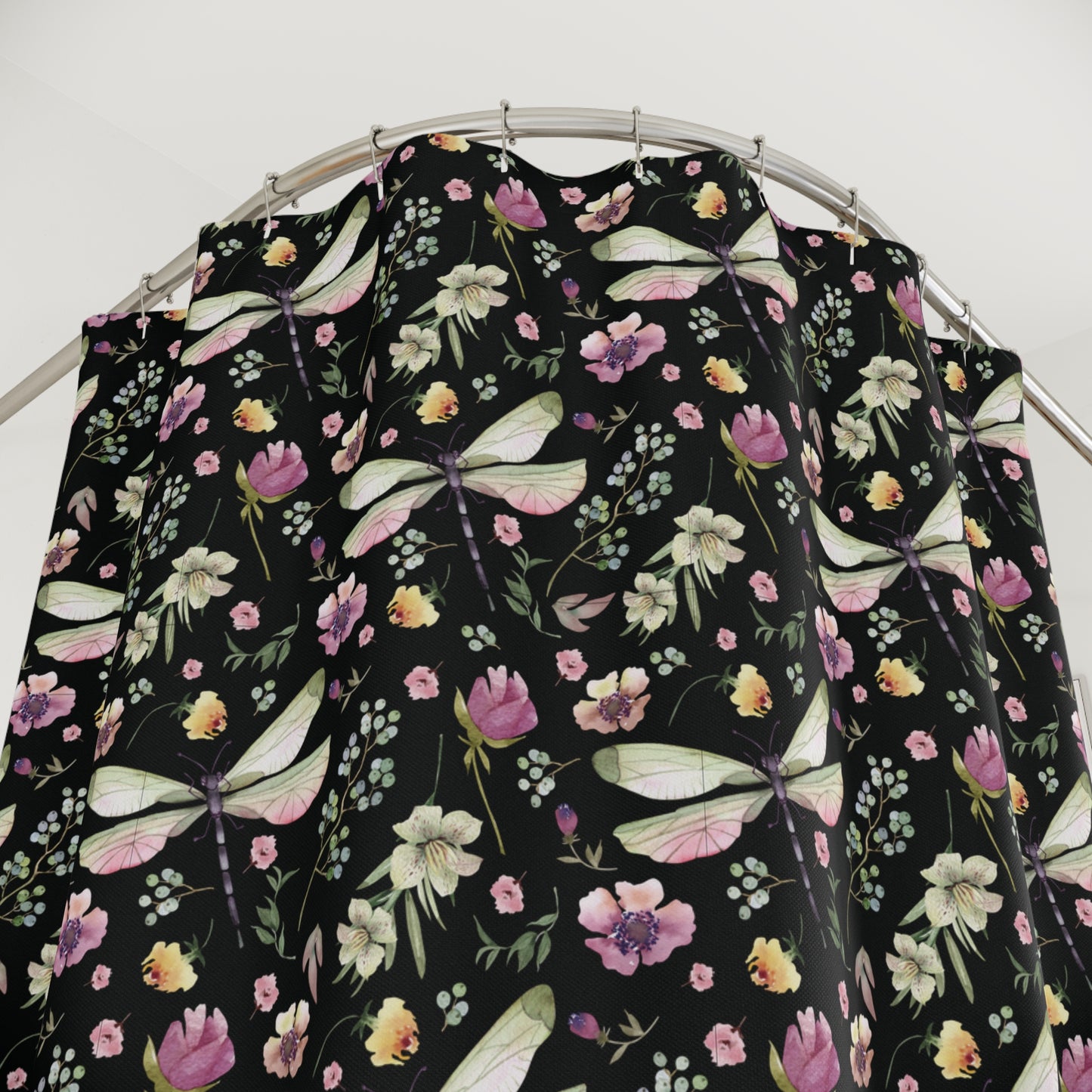 Floral Dragonfly Shower Curtain - Nature-Inspired Bathroom Decor - Black