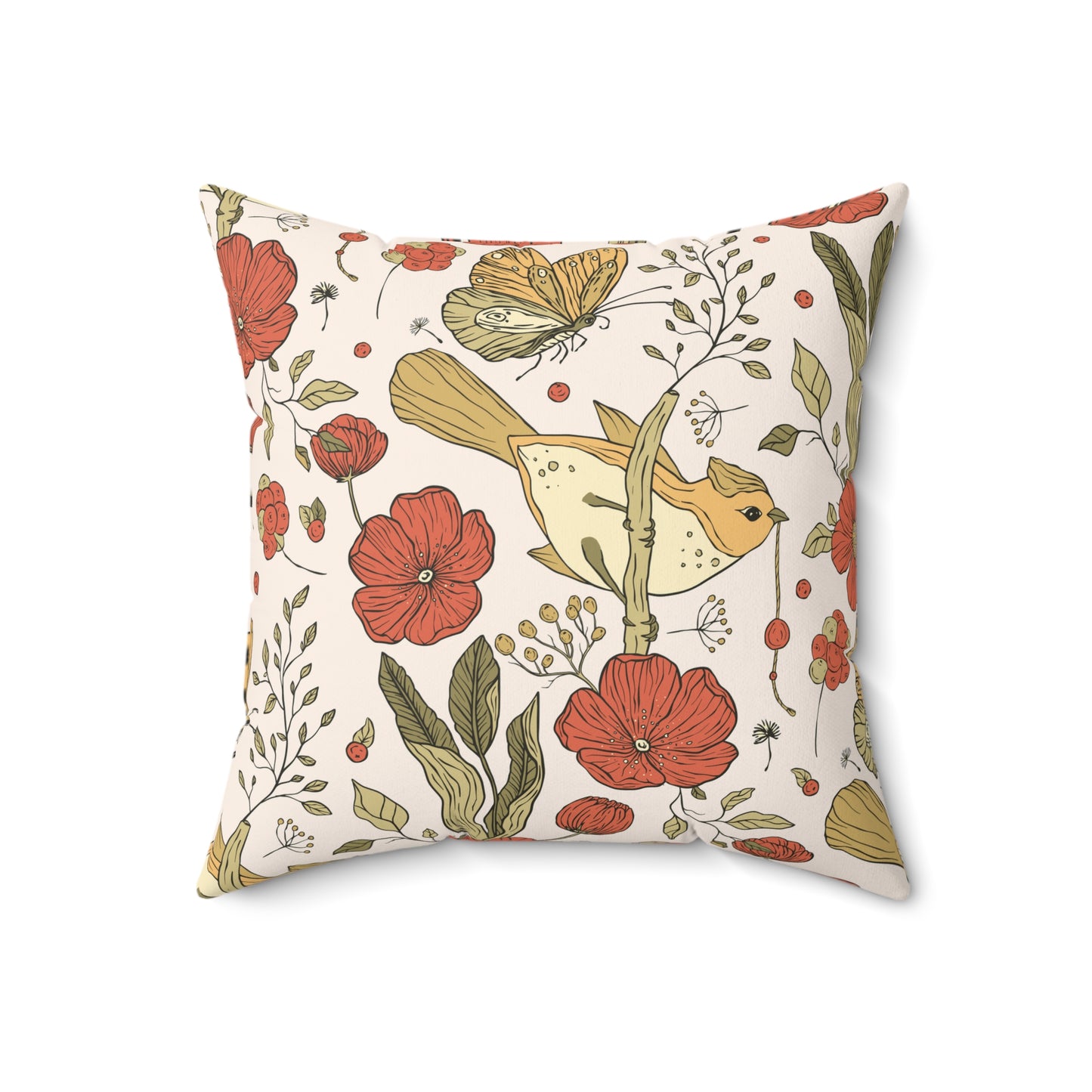 Throw Pillow Songbird with Berry Gift and Floral Design matching Pattern on the back