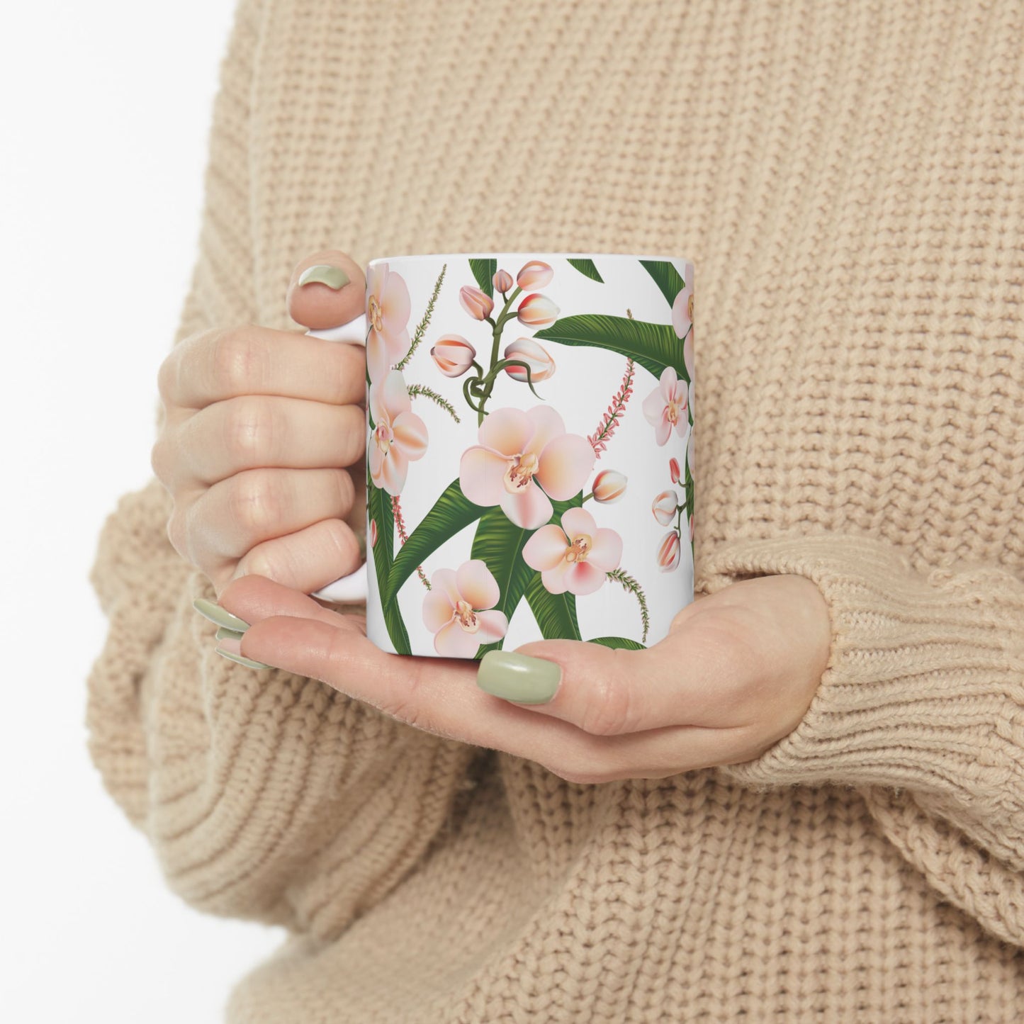 Floral Ceramic Mug, Orchid Coffee Cup, Tea Mug Gift, Botanical Drinkware, Nature Lover's Mug, Pink Flower Decor