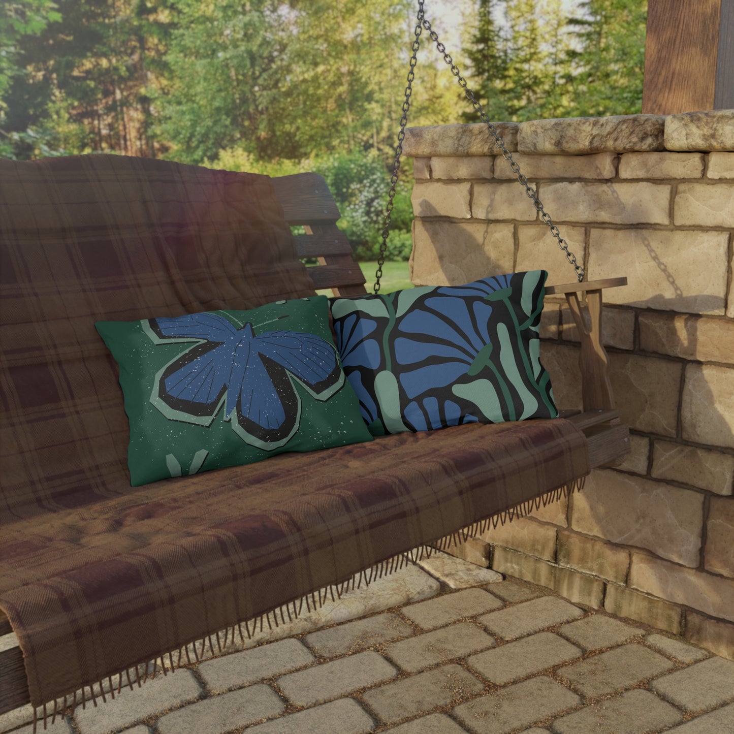 Outdoor Pillow - Blue Butterfly Rustic Matisse Inspired Back Design