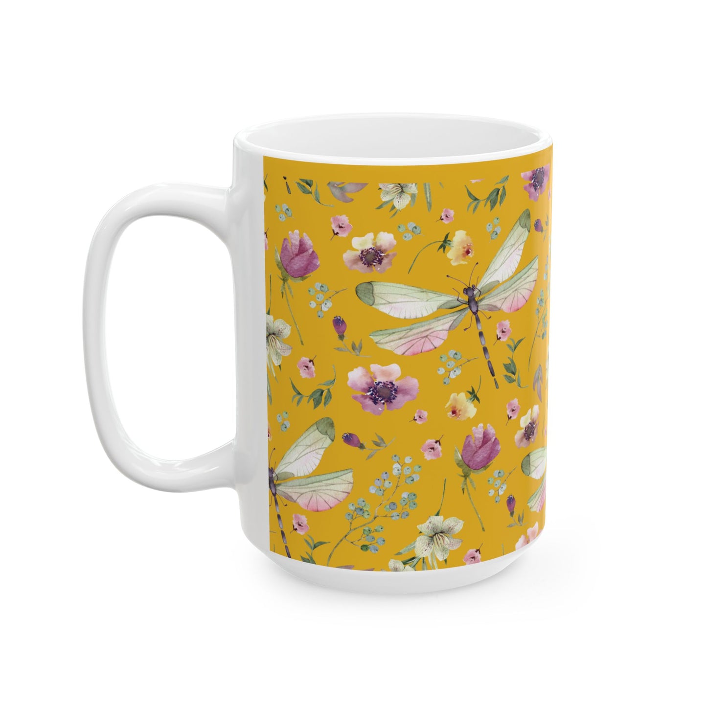 Whimsy in Bloom – Dragonflies & Floral Elegance ,Mug, Ceramic - Yellow