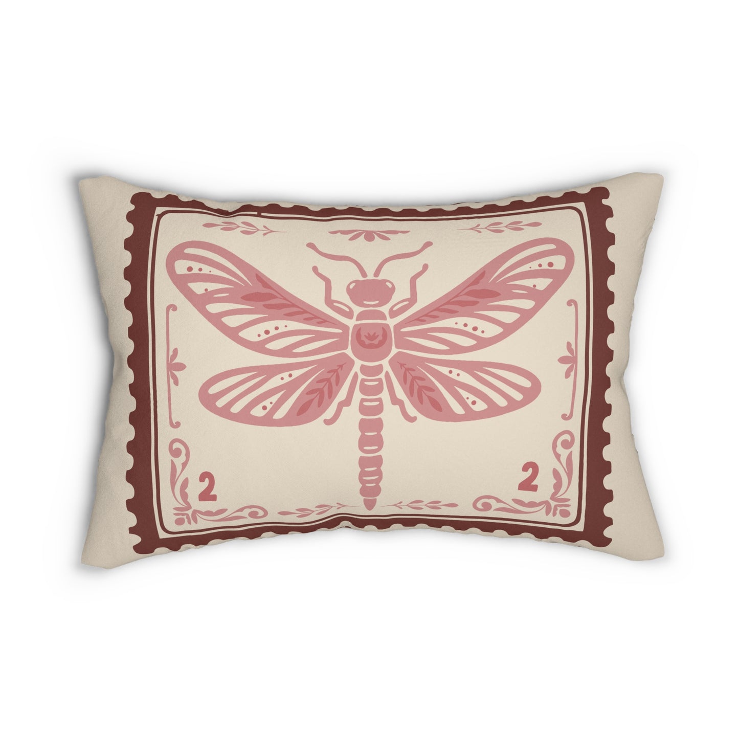 Vintage Burgundy and Blush Dragonfly & Floral Pattern Lumbar Pillow – Rustic Boho