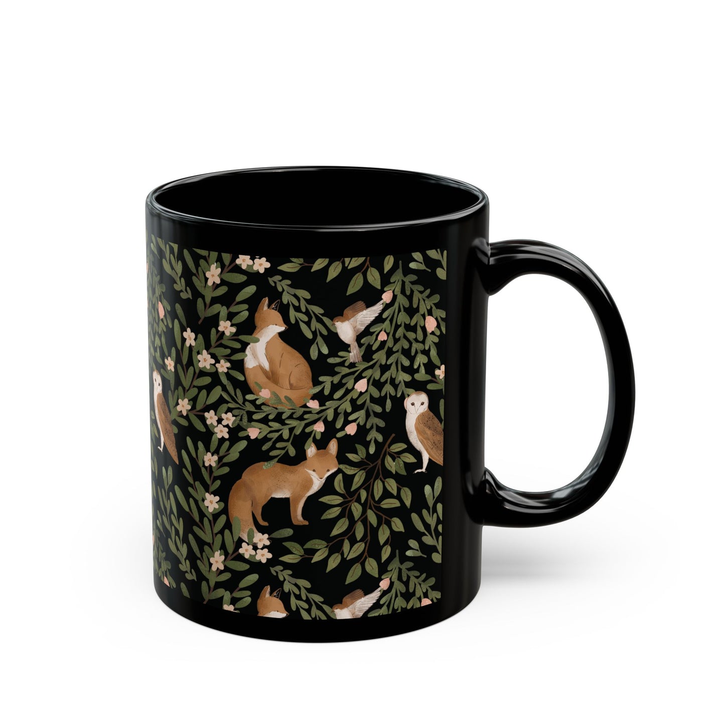 Little Fox and Owl Woodland Themed Black Mug - Perfect for Nature Lovers