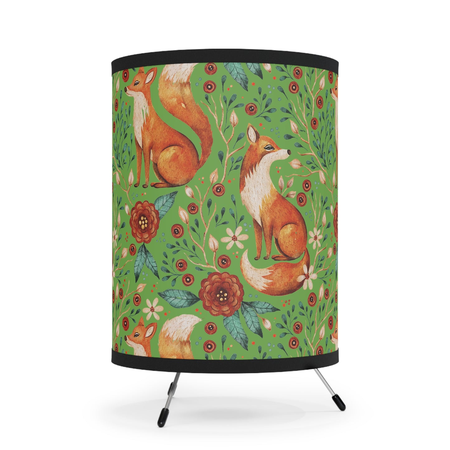 Whimsical Fox Tripod Lamp - High-Res Printed Shade for Cozy Decor - Thyme Green