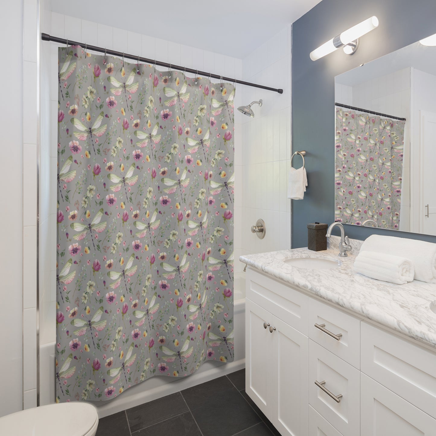 Floral Dragonfly Shower Curtain - Nature-Inspired Bathroom Decor - Light Grey